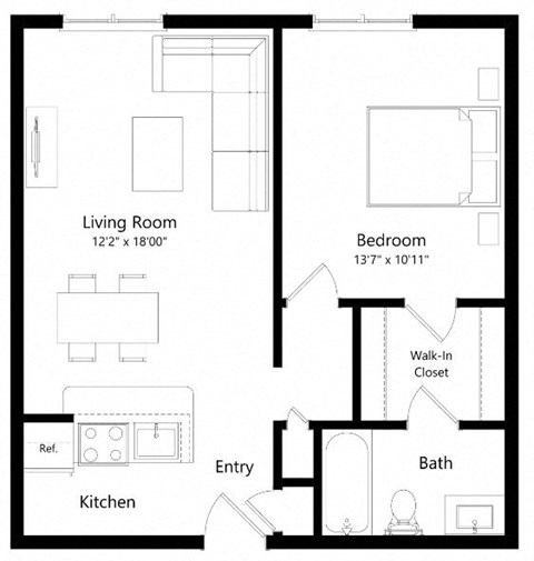 Floor plan for 1 bed, 1 bath, 654 sqft